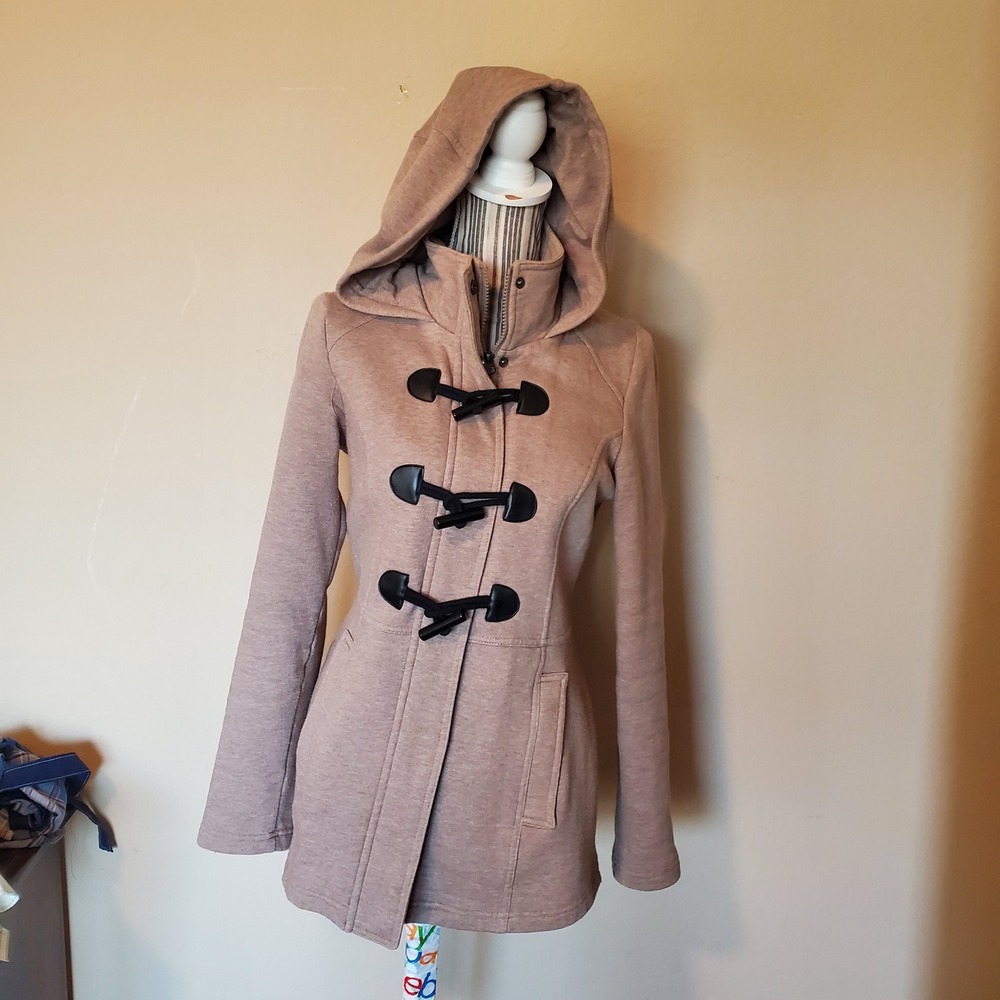 Sebby Womens Heather Taupe Hooded Toggle Duffle Coat Jacket Small